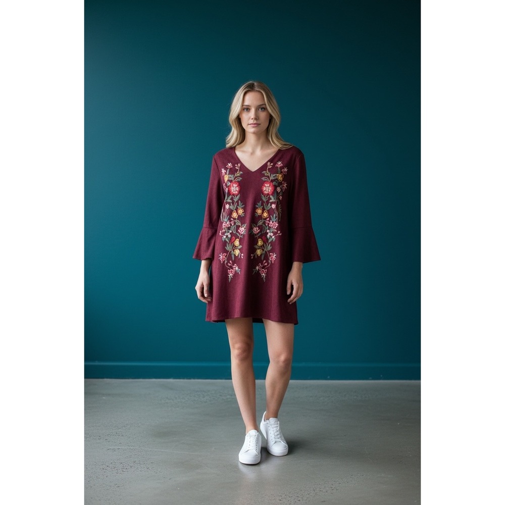 Altar'd State Burgundy Faux Suede Floral Embroidered Bell Sleeve Shift Dress S